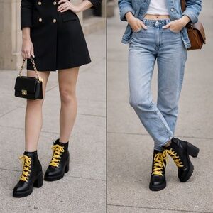 Black chunky heel combat boots/ Yellow lace up Ankle Booties